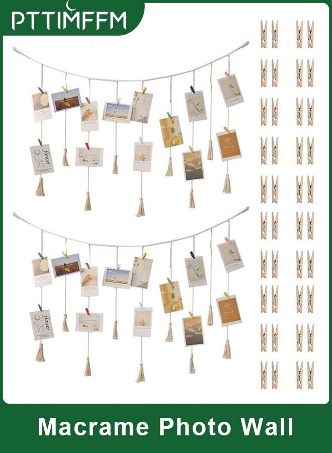 PTTIMFFM Macrame Photo Wall Display with Clips,  Picture Frame with 2 Strings and 40 Clips, Hanging Photo Rope for Wall Decoration, Boho Picture Display for Photos, Postcards and Collage, Bedroom and Living Room Decor(100×70 cm) - Image 1